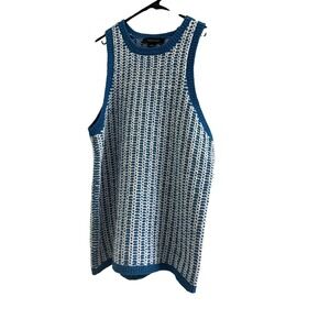 Ann Taylor Sleeveless Knit Sweater Tank Blue White Geometric Pattern Size Medium